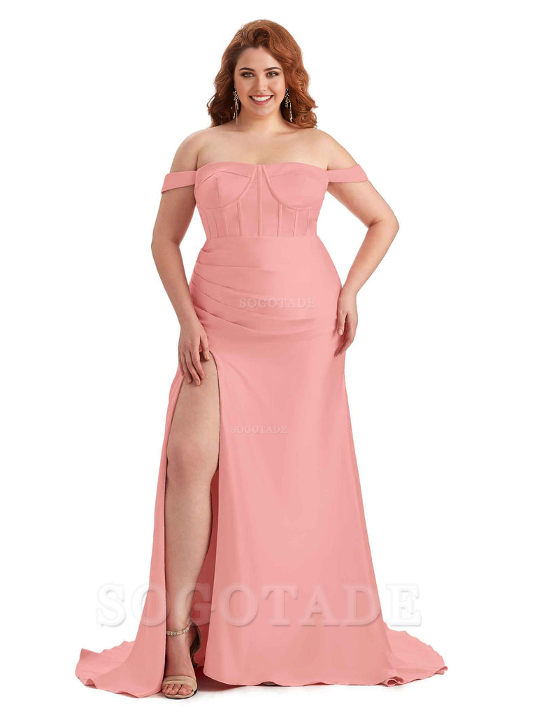 Elegant Off The Shoulder Side Slit Mermaid Soft Satin Floor Length Long Plus Size Bridesmaid Gowns