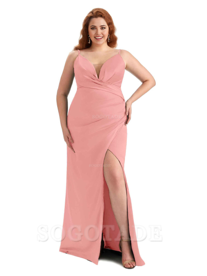 Sexy Side Slit Spaghetti Straps Sleeveless Mermaid V-neck Soft Satin Long Plus Size Bridesmaid Dress For Wedding