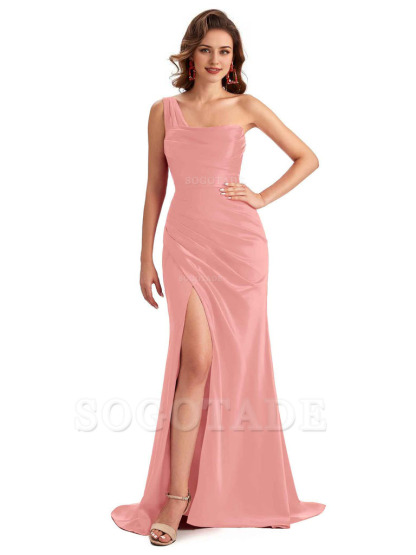 Sexy One Shoulder Side Slit Silky Satin Chic Long Mermaid Trumpet Bridesmaid Dress