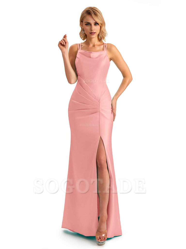 Soft Satin Spaghetti Straps Side Slit Long Unique Mermaid Beautiful Dresses For Wedding