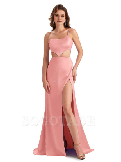 Sexy Satin Side Slit Spaghetti Straps Mermaid Long Unique Curve Wedding Guest Dresses