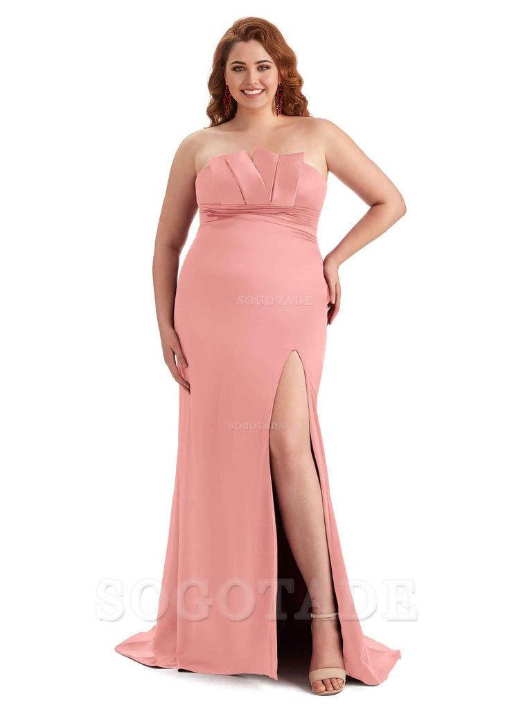 Sexy Side Slit Sleeveless Mermaid Soft Satin Long Plus Size Wedding Party Dresses For Wedding