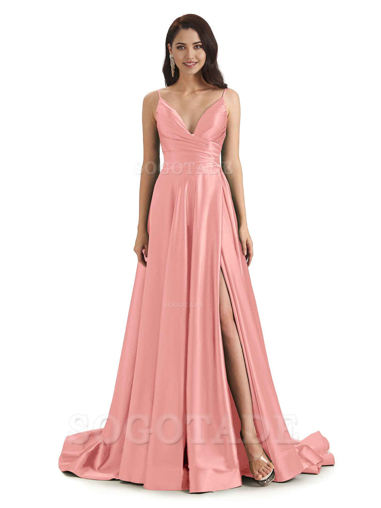 Spaghetti Straps Satin formal dresses evening gown Bridesmaid Dresses With Side Slit 