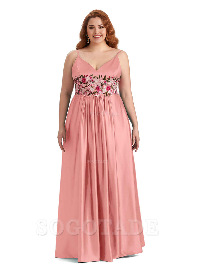 Unique Lace Spaghetti Straps Sleeveless Soft Satin Long Plus Size Bridesmaid Dress For Wedding