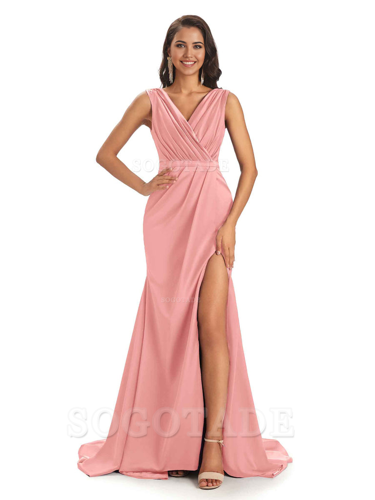 A-line V-neck Floor-Length Satin formal dresses evening gown Bridesmaid Dresses With Side Slit 