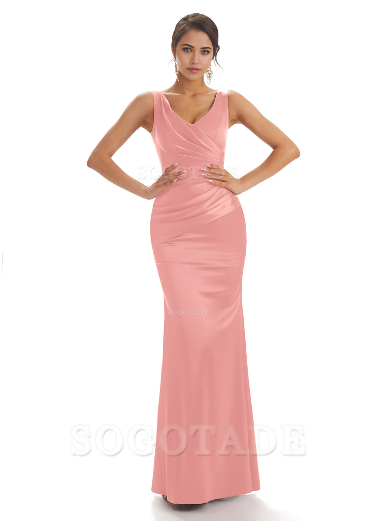 Sheath Sleeveless V-neck Floor-Length Satin formal dresses evening gown Bridesmaid Dresses With Pleats 