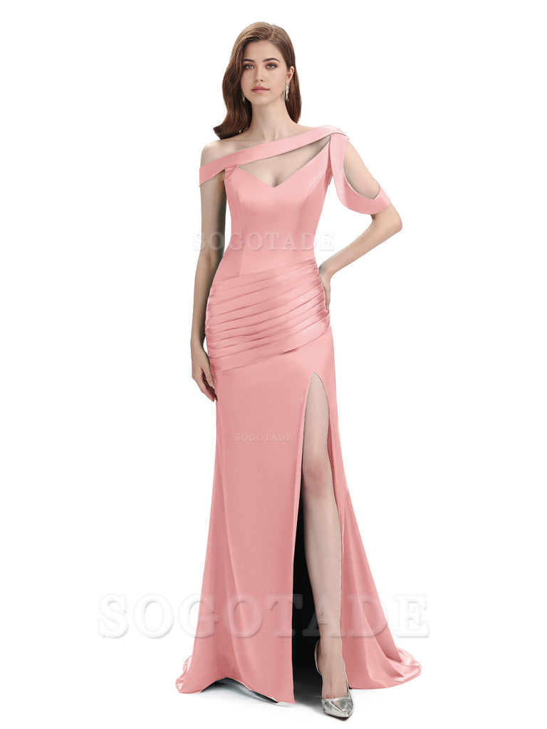 Mermaid V-Neck Satin Floor-Length formal dresses evening gown Bridesmaid Dresses With Side Slit 