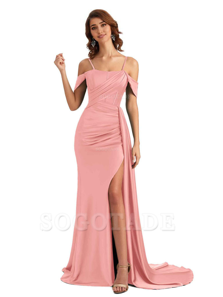 Sexy Side Slit Cold Shoulder Mermaid Satin Chic Long Wedding Guest Dresses