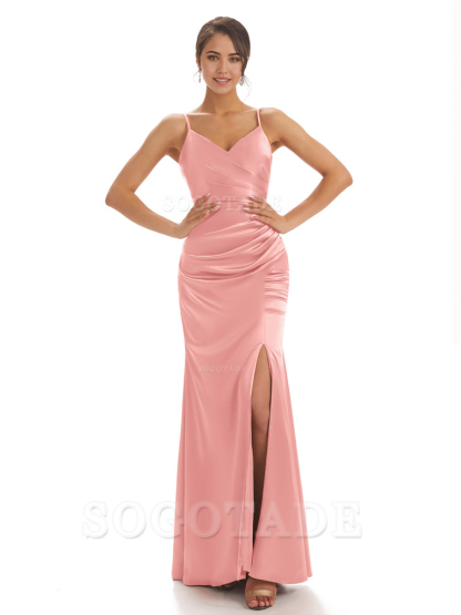 Spaghetti Straps Pleats Satin formal dresses evening gown Bridesmaid Dresses With Side Slit 