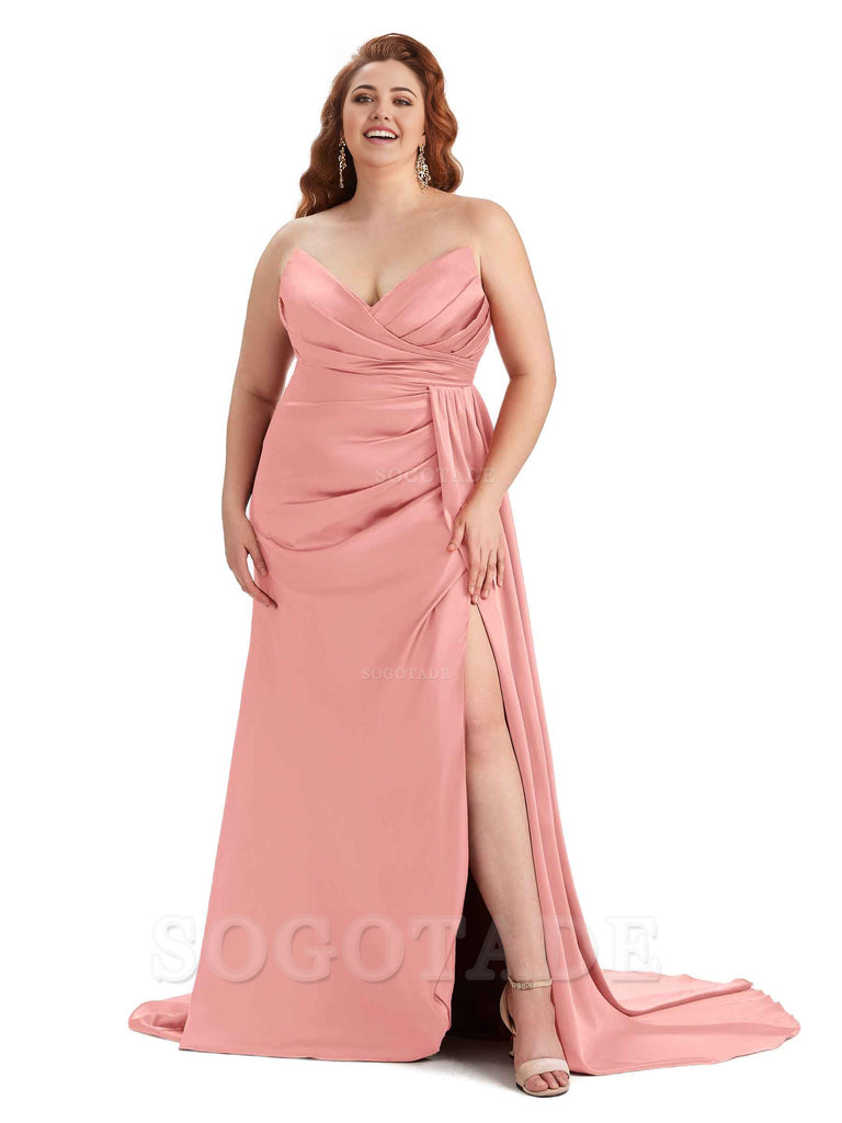 Sexy V-neck Side Slit Sleeveless Mermaid Soft Satin Long Plus Size Bridesmaid Gowns