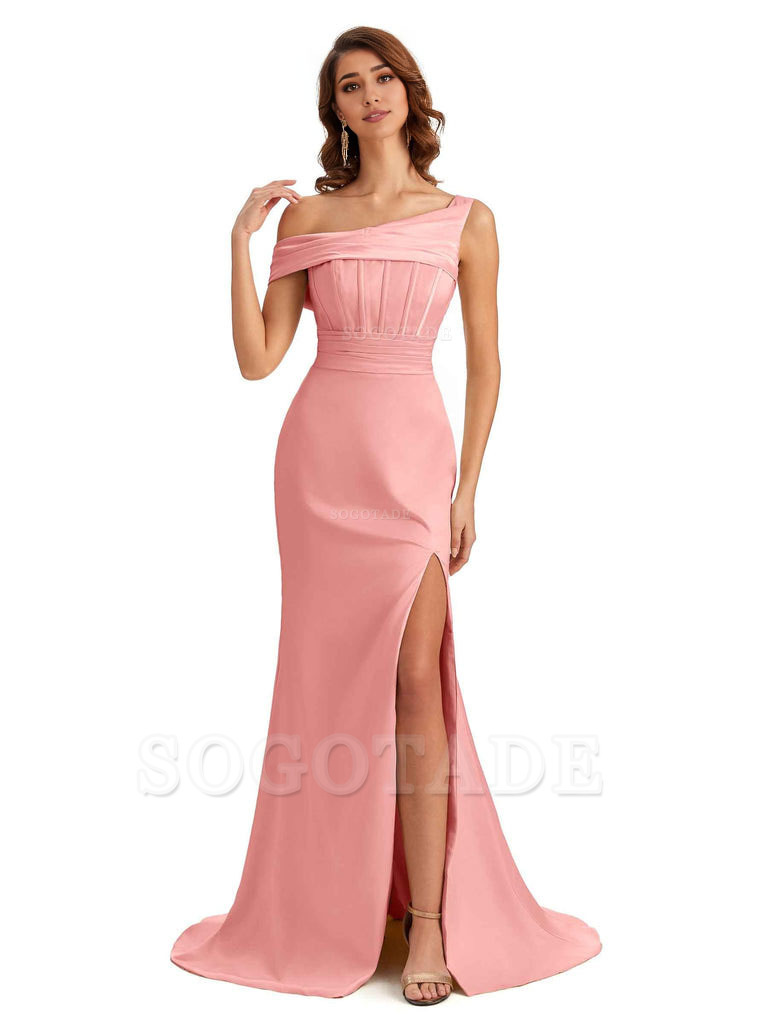 Elegant Asymmetrical Neck Soft Satin Side Slit Long Mermaid Bridesmaid Dresses