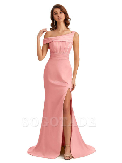 Elegant Asymmetrical Neck Soft Satin Side Slit Long Mermaid Bridesmaid Dresses