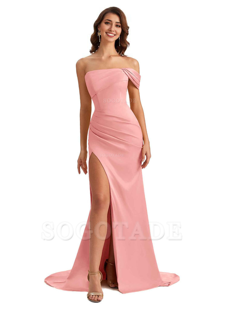 Unique One Shoulder Side Slit Satin Long Formal Dresses For Bridesmaid Dresses