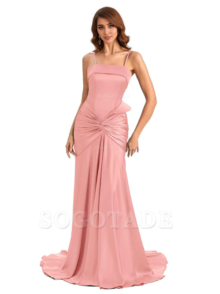 Sexy Mermaid Spaghetti Straps Silky Satin Unique Long Bridesmaid Dress For Wedding