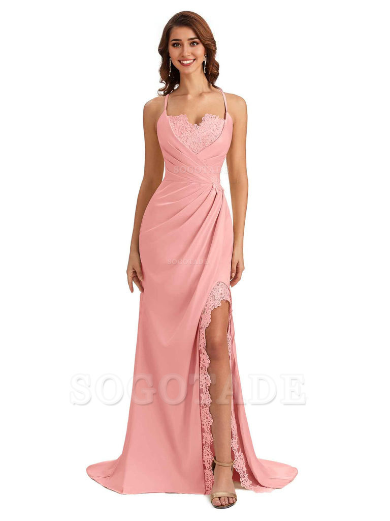 Sexy Side Slit Spaghetti Straps Lace Mermaid Silky Satin Wedding Guest Dresses