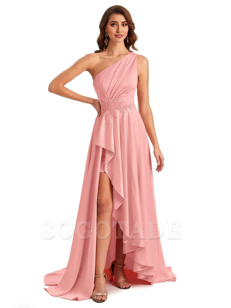 Sexy One Shoulder A-Line High Low Silky Satin Lace Long Formal Wedding Guest Dresses