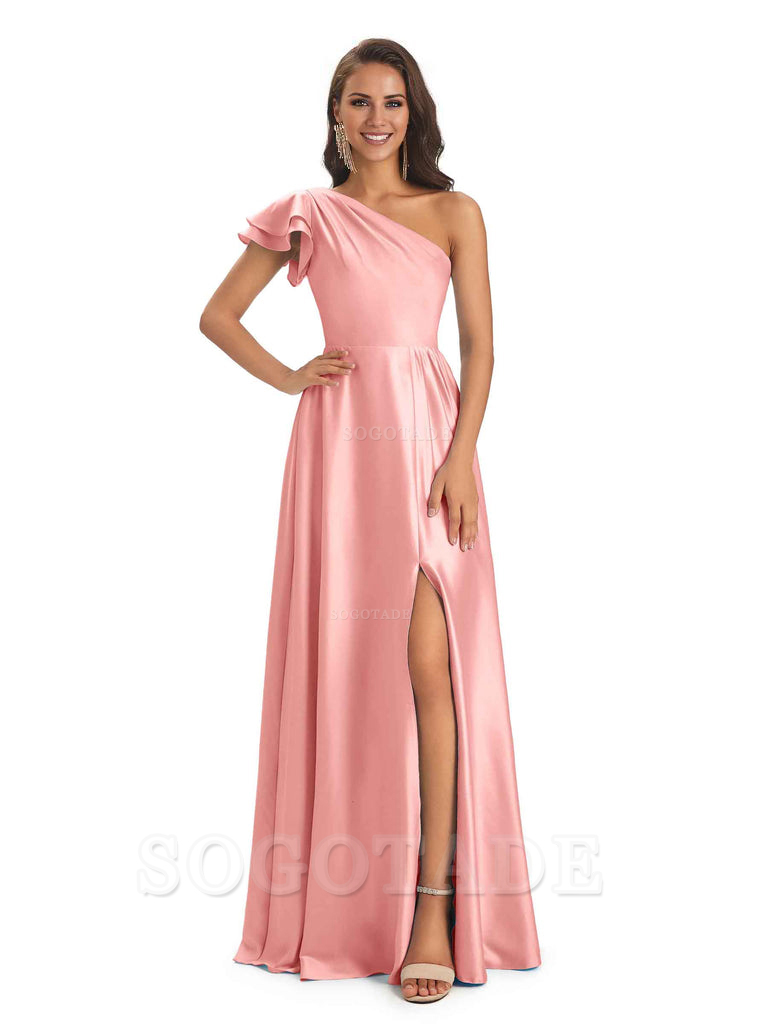 A-Line One Shoulder Ladies Long Bridesmaid Dresses Soft Satin Side Slit Elegant Evening Party Dress