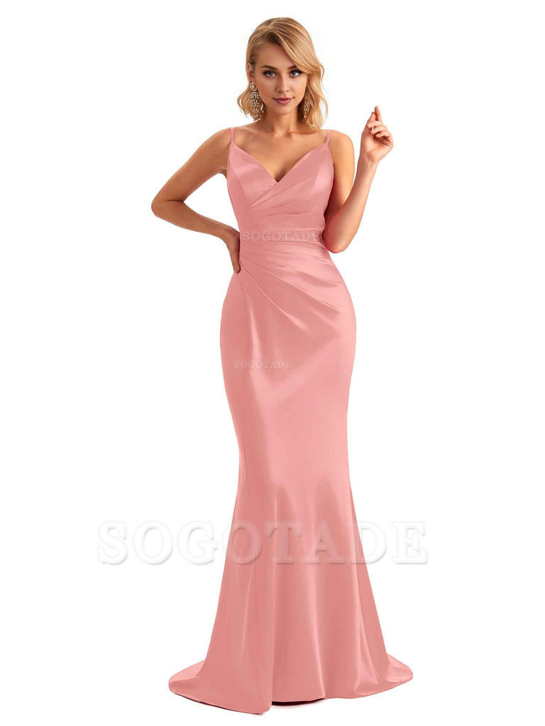  Sexy Backless Mermaid Spaghetti Straps Unique Long Formal Satin Dress For Women