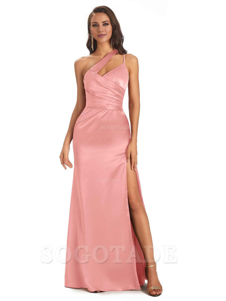 Elegant Soft Satin Side Slit One Shoulder Floor-Length Maxi Bridesmaid Dresses Evening Party Dress