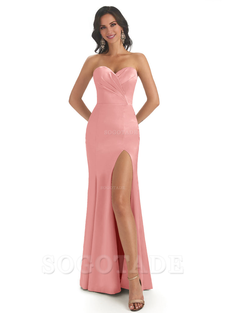 Simple Soft Satin Side Slit Sweetheart Long Mermaid Bridesmaid Dresses Elegant Evening Party Dress