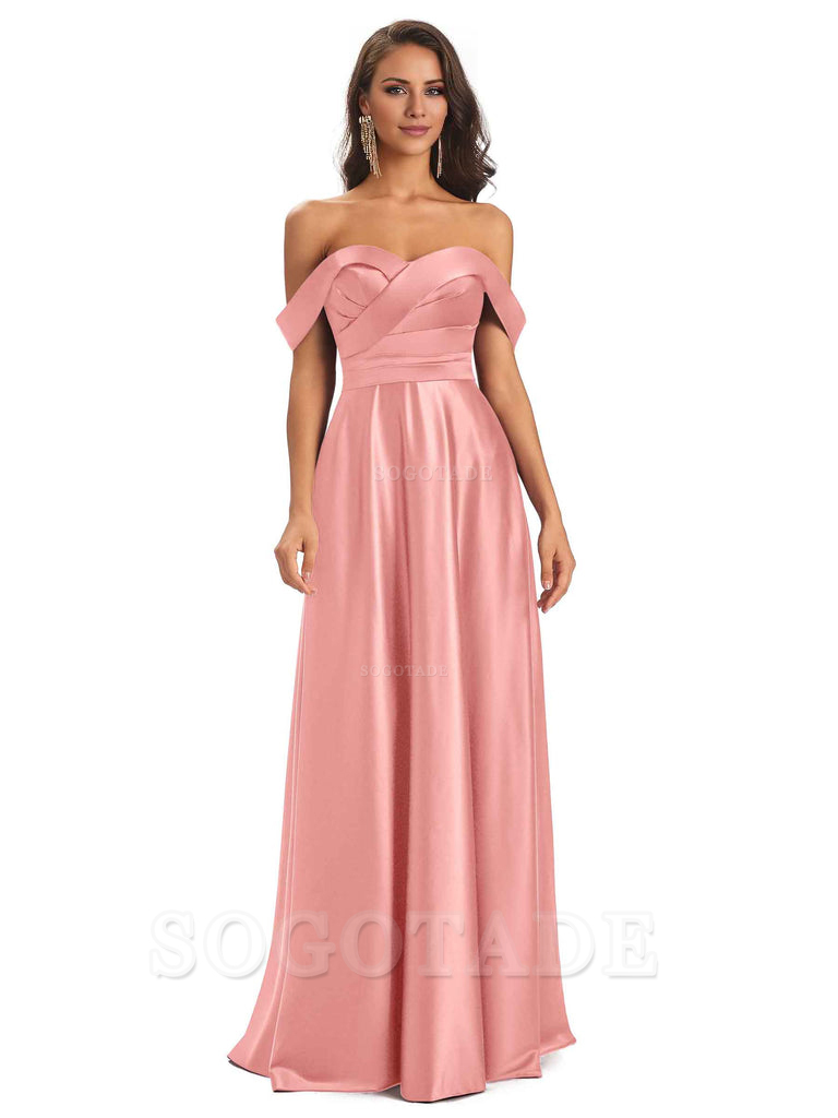 Sexy Soft Satin Off The Shoulder A-Line Long Bridesmaid Dresses Elegant Evening Party Dress
