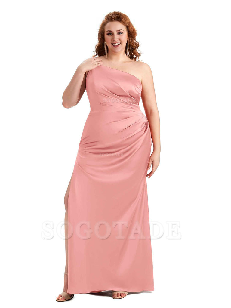 Sexy Side Slit One Shoulder Mermaid Soft Satin Long Plus Size Maid of Honour Dresses