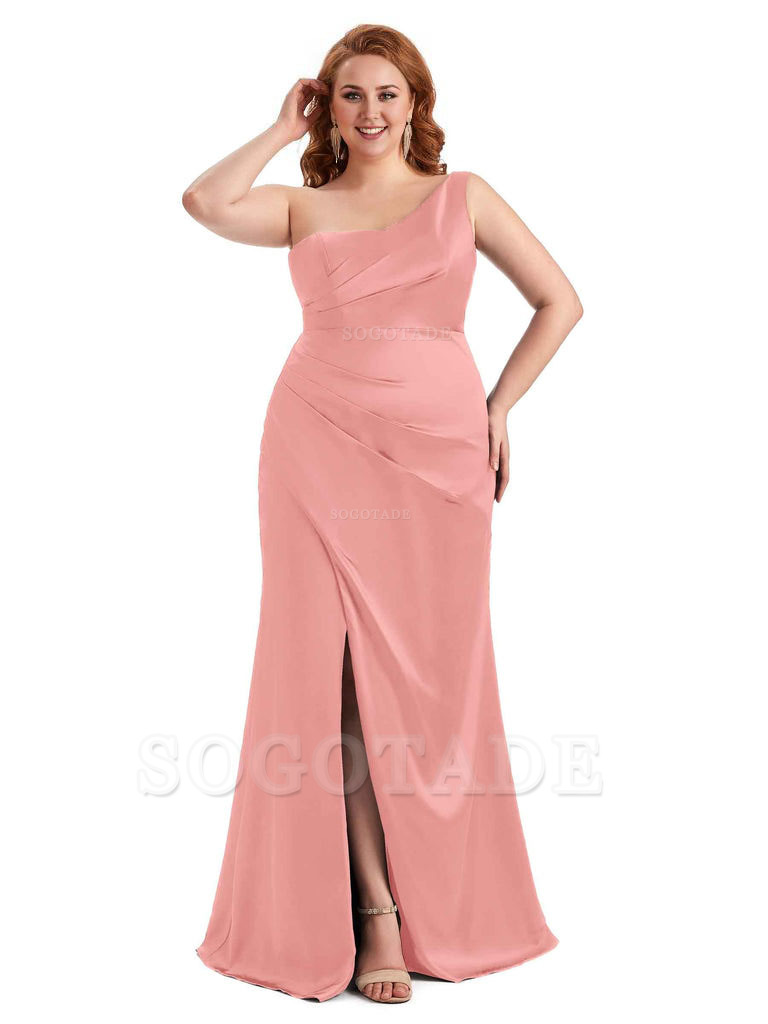 Sexy Side Slit One Shoulder Mermaid Long Plus Size Satin Maxi Dresses