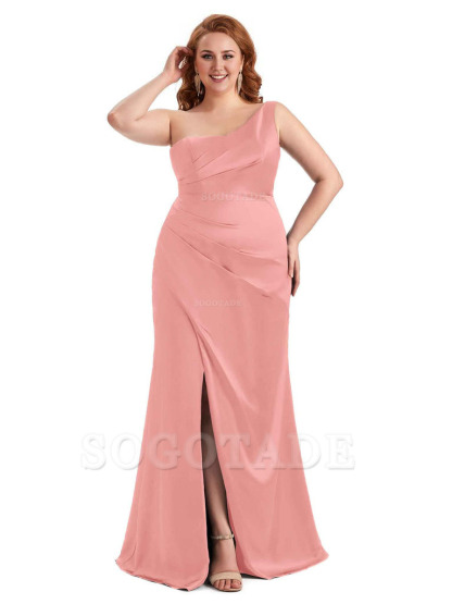 Sexy Side Slit One Shoulder Mermaid Long Plus Size Satin Maxi Dresses