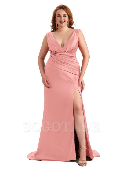 Elegant V-neck Side Slit Mermaid Soft Satin Long Plus Size Bridesmaid Dress For Wedding