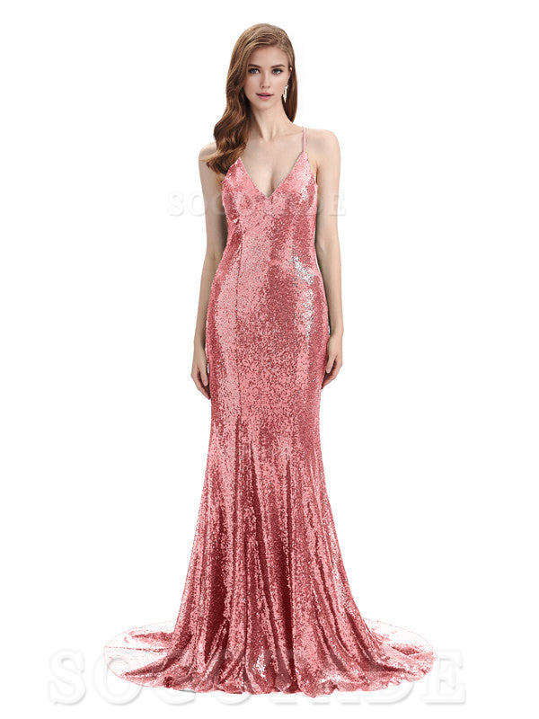 Deep V Neck Sexy Spaghetti Strap Backless Sequins Floor-Length Bridesmaid Dresses Bridesmaid Dresses Formal Women's Dresses Wedding Guest Dresses