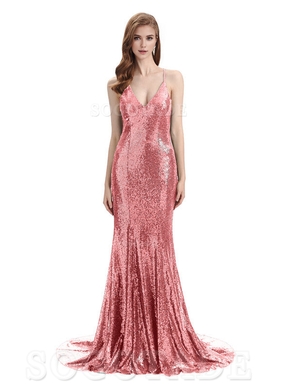 Deep V Neck Sexy Spaghetti Strap Backless Sequins Floor-Length Bridesmaid Dresses Bridesmaid Dresses Formal Women's Dresses Wedding Guest Dresses