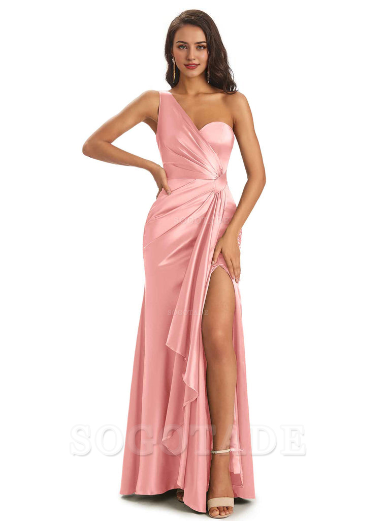 Elegant Soft Satin Side Slit One Shoulder Unique Mermaid Bridesmaid Dresses Online prom dresses shops