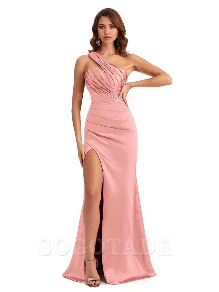 Sheath One shoulder Satin formal dresses evening gown Bridesmaid Dresses With Side Slit 