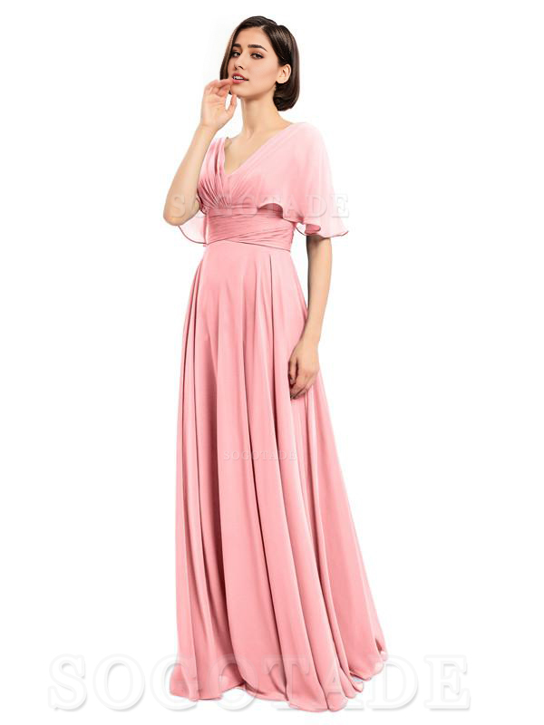  V-Neck Cap Sleeves Sleeves Chiffon Long Elegant Bridesmaid Dresses Formal Wear Dresses