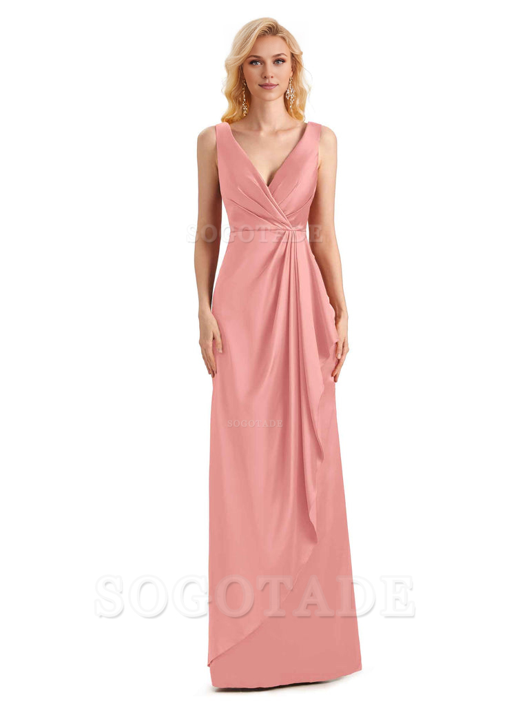 V Neck Elegant Soft Satin Formal Long Maid Bridesmaid Dresses Formal Wear Dresses