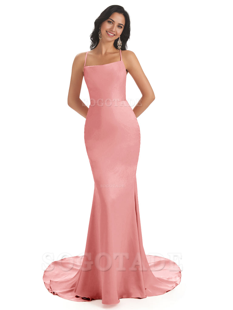 Mermaid Spaghetti Backless Straps Satin Long formal dresses evening go