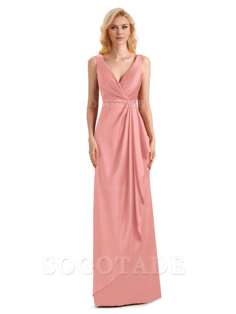 V Neck Elegant Soft Satin Formal Long Maid Bridesmaid Dresses Formal Wear Dresses