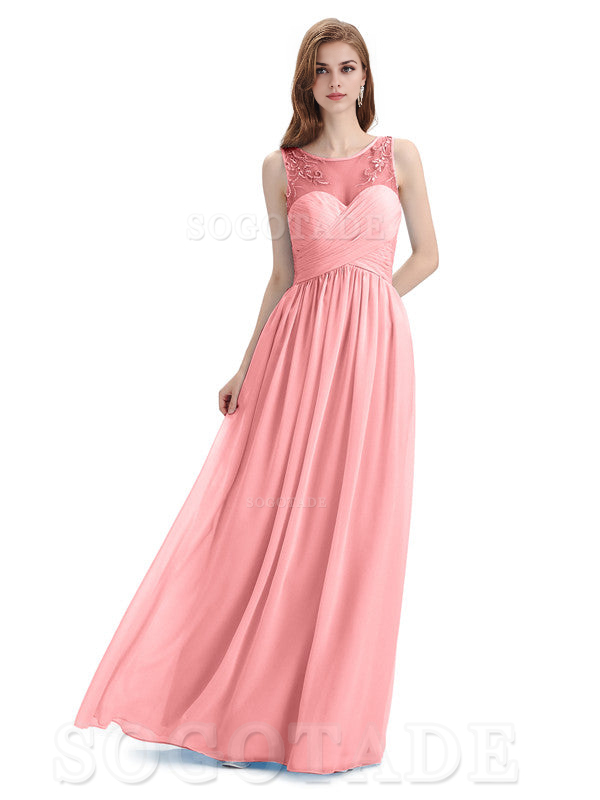 Elegant A-Line Chiffon Sleeveless Ruched Long Simple Bridesmaid Dresses Formal Women's Dresses Wedding Guests Dresses