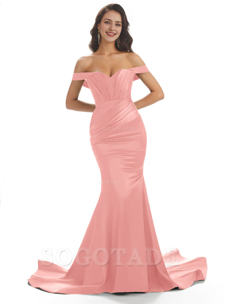 Sexy Mermaid Off The Shoulder Floor-Length Long Soft Satin Bridesmaid Dresses Online prom shop dresses