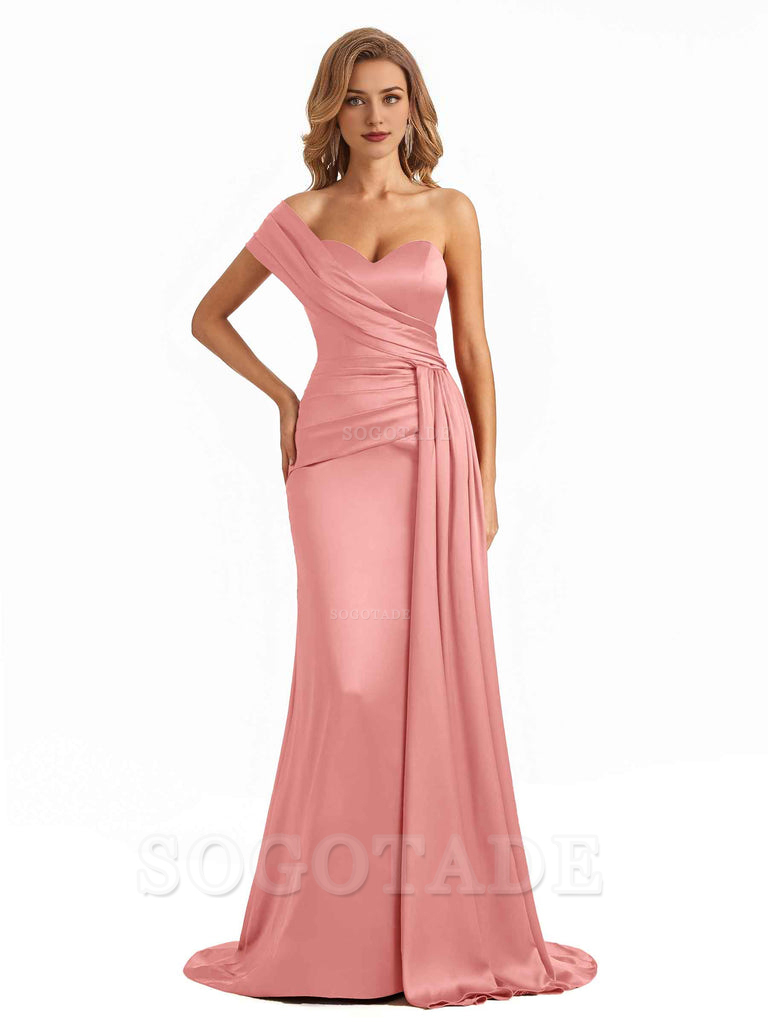 Elegant One Shoulder Soft Satin Long Mermaid Bridesmaid Dresses Online prom shop dresses ﻿