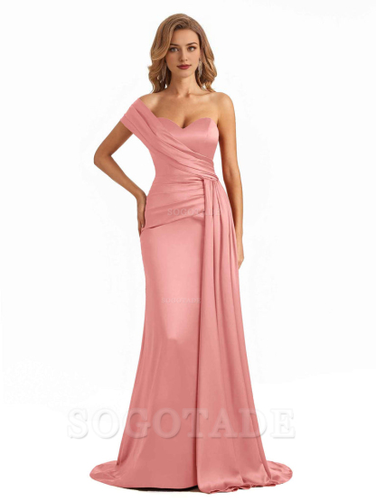 Elegant One Shoulder Soft Satin Long Mermaid Bridesmaid Dresses Online prom shop dresses ﻿