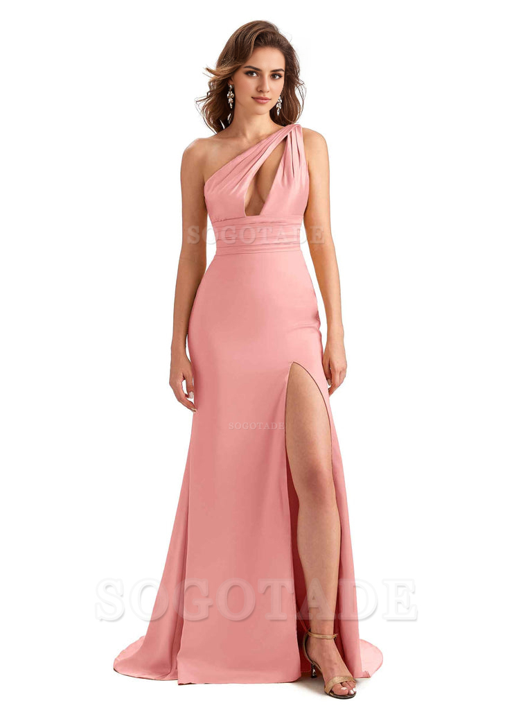 Charming Sexy Unique Side Slit Mermaid Silky One Shoulder Long Bridesmaid Dresses Formal Women's Dresses Wedding Guests Dresses