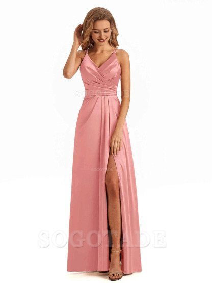 Soft Satin A-Line Spaghetti Straps V Neck Side Slit Maxi Long Bridesmaid Dresses