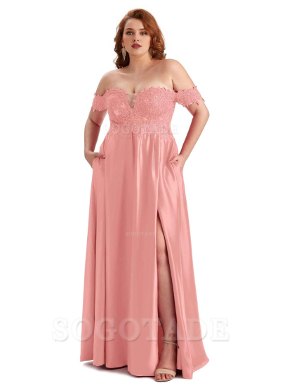 Off Shoulder Side Slit Lace Soft Satin Long Plus Size Bridesmaid Dresses For Wedding