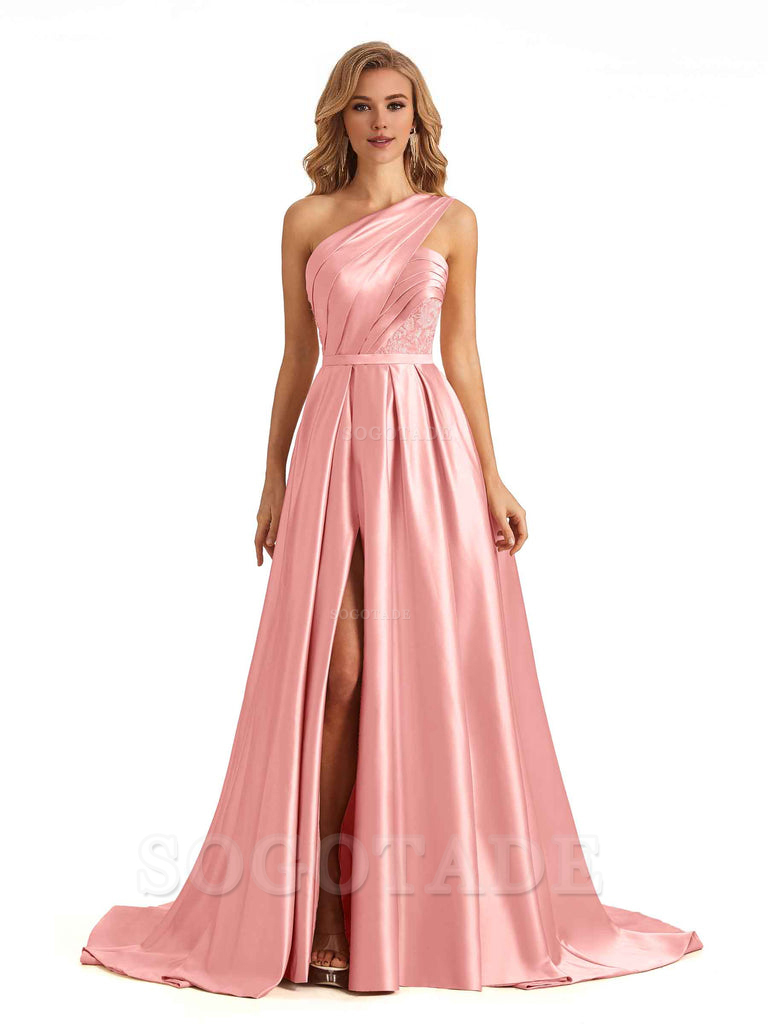 Sexy Side Slit One Shoulder A-Line Soft Satin Long Bridesmaid Dresses Online prom dress in store