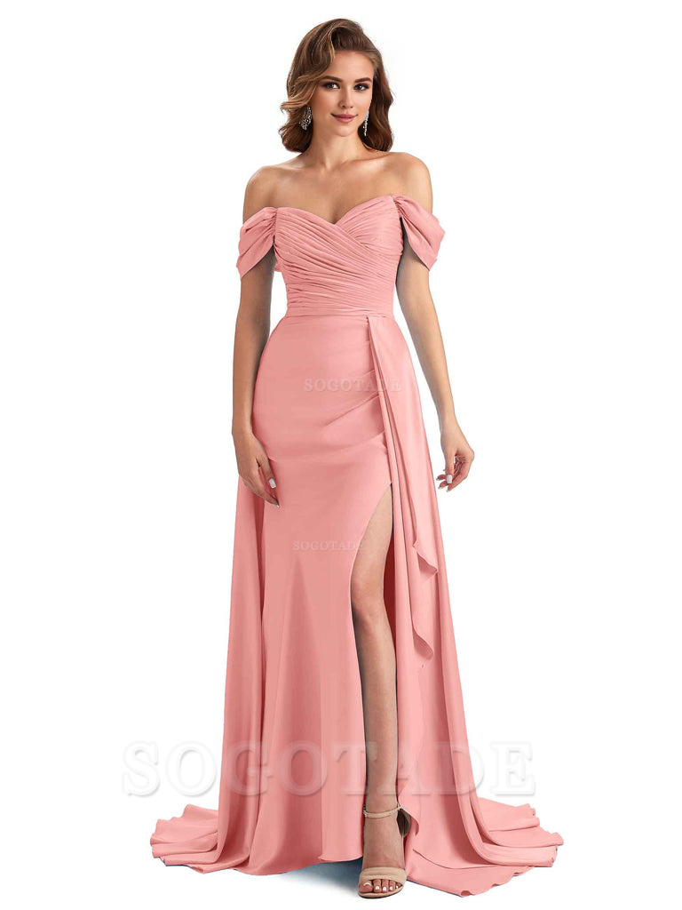 Sexy Side Slit Mermaid Soft Satin Off The Shoulder Long Unique Bridesmaid Dresses prom dress in store