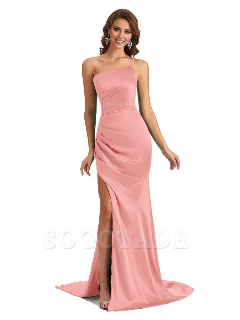 Sexy Silky Satin Side Slit One Shoulder Unique Long Wedding Guest Maxi Dresses