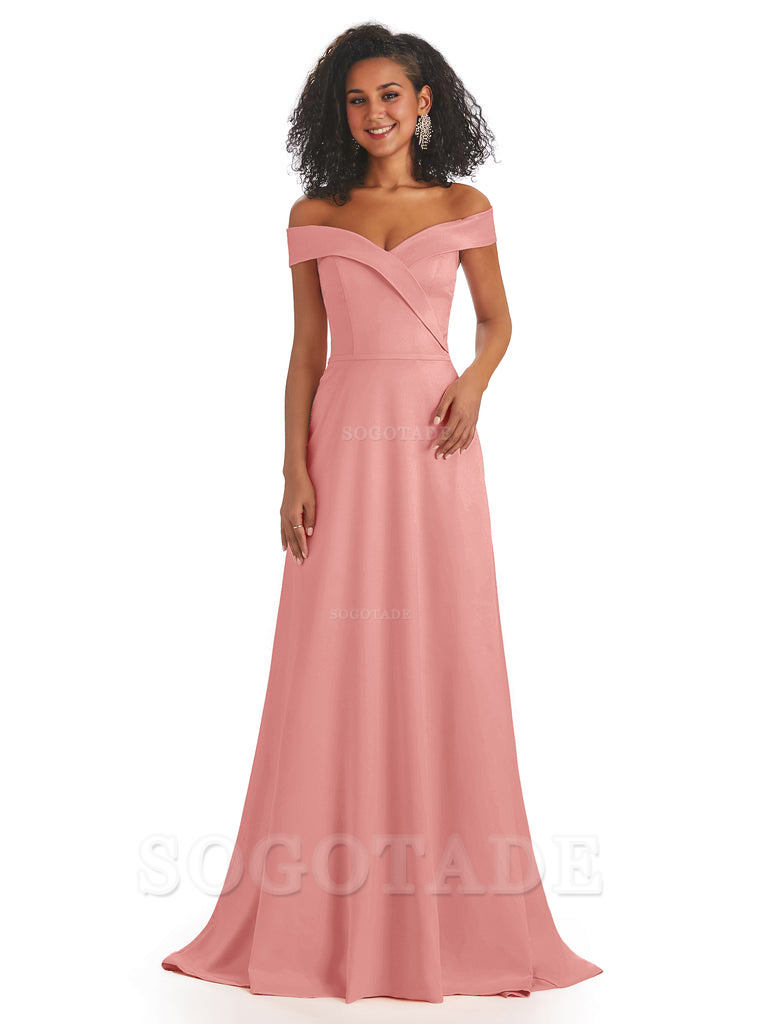 Soft Satin Off The Shoulder Long A-Line African Bridesmaid Dresses prom dress stores ﻿