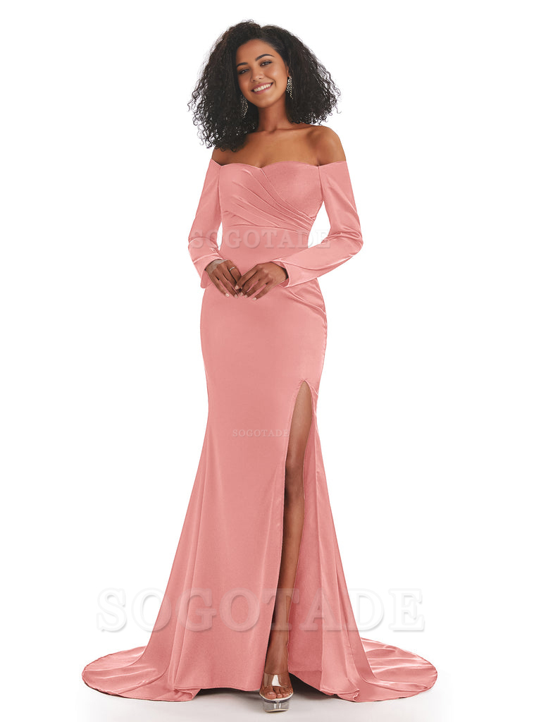 Mermaid Long Sleeve Satin formal dresses evening gown Bridesmaid Dresses With Side Slit 