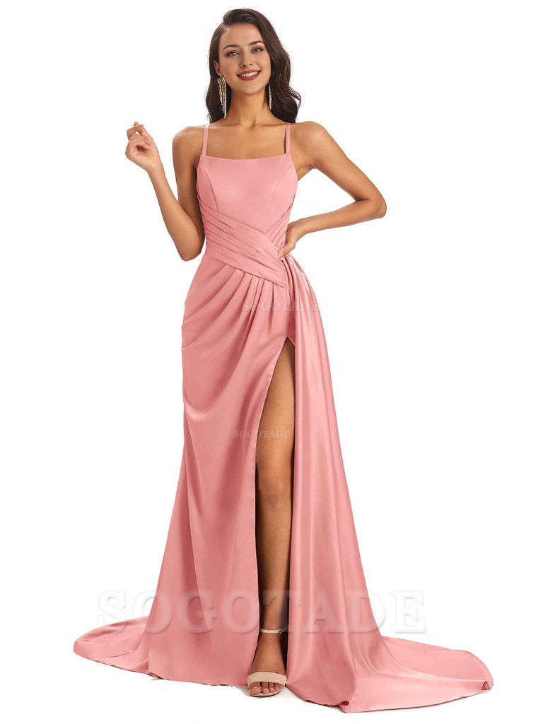 Sexy Soft Satin Side Slit Spaghetti Straps Long Maxi Bridesmaid Dresses prom shop dresses